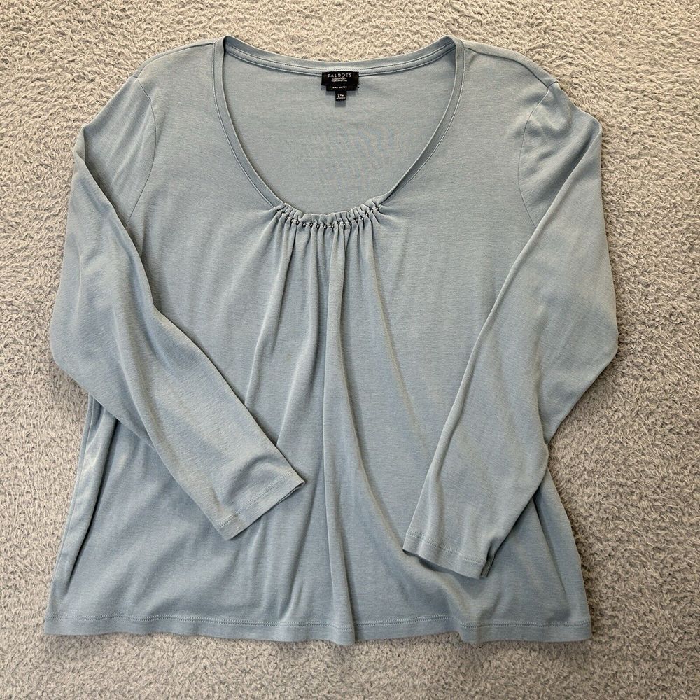 Talbots Shirt Womens 2XP Blue Pima Cotton Long Sleeve Embellished Rushing‎ Neck